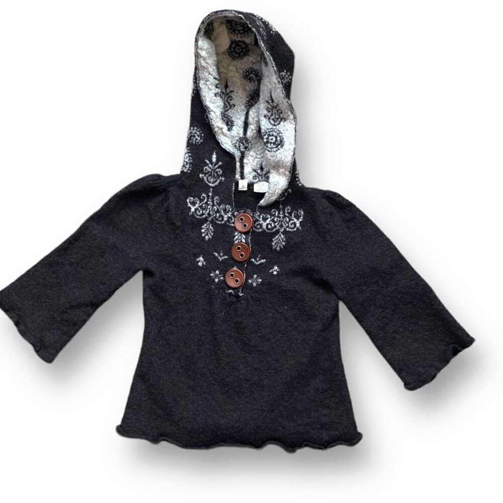 Girls’ Moth Dark Gray Wool Blend Hoodie Sweater Floral Knit Pullover Small